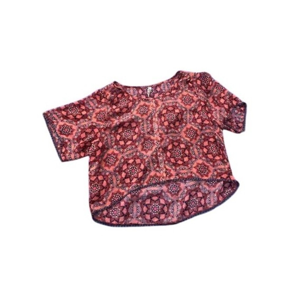Mudd Womens Red Purple Mandala Floral High Low Crop Top Blouse Short Sleeve L